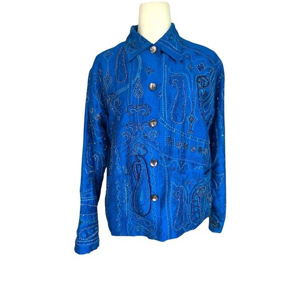 CHICOS 100% Silk Blue Beaded Blazer Artsy Button Lined Embroidered Office Small - Picture 1 of 13